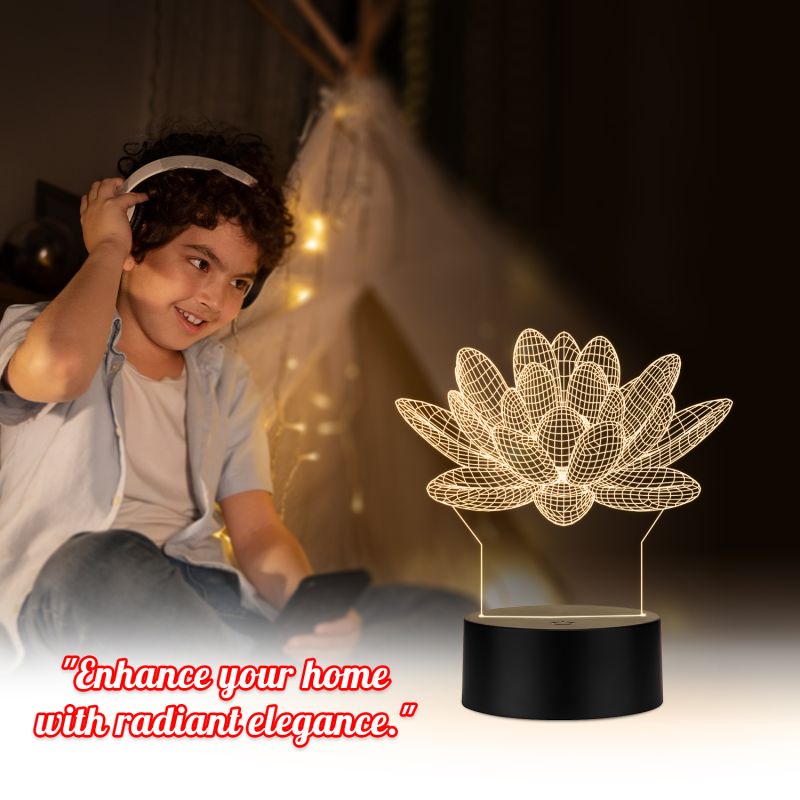 3D Illusion Lotus Flower Led Night Lamp with Warm White Color Home Decor Light